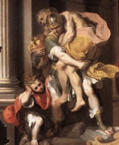Aeneas, the hero, flees Troy with his father on his back and his son at his side: 3 generations striding forth into the future. Unlike the rootless Lance who leaves his family behind.