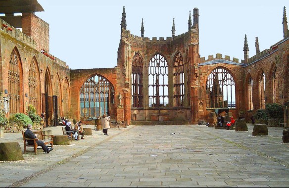 The ruined shell of Coventry Cathedral, bombed in WW2, still stands today.